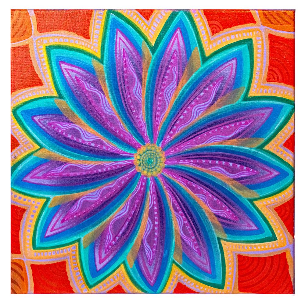Vibrant mandala flower painting with purple and blue petals on a bright orange decorative background.