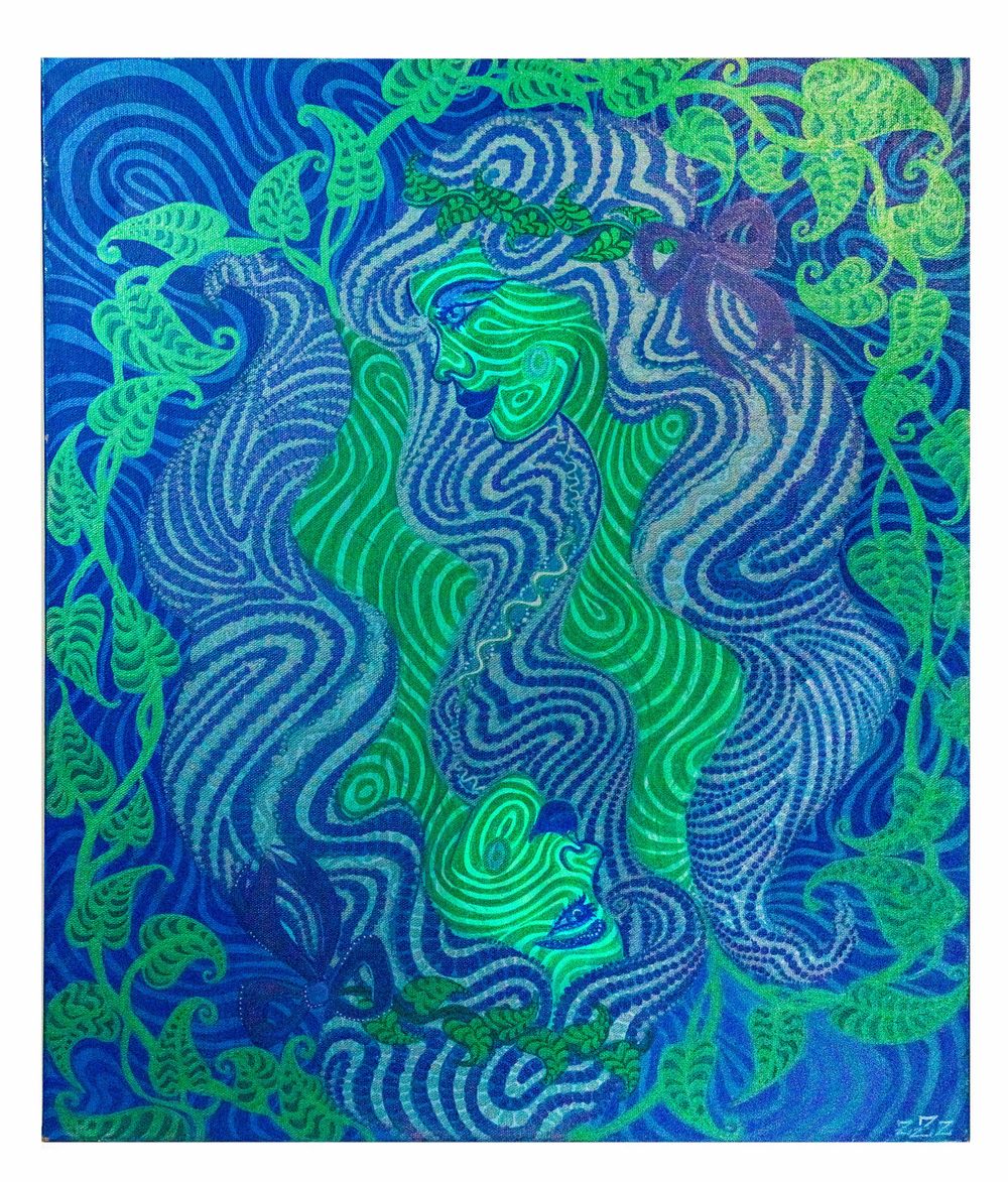 Abstract painting of two green figures merging with swirling blue and green wave patterns among tropical leaves.