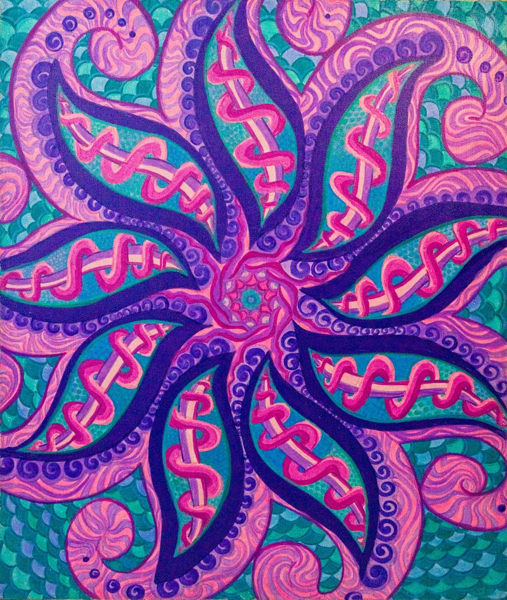 Vibrant psychedelic painting of a pink octopus with decorative tentacles on a teal mosaic background.