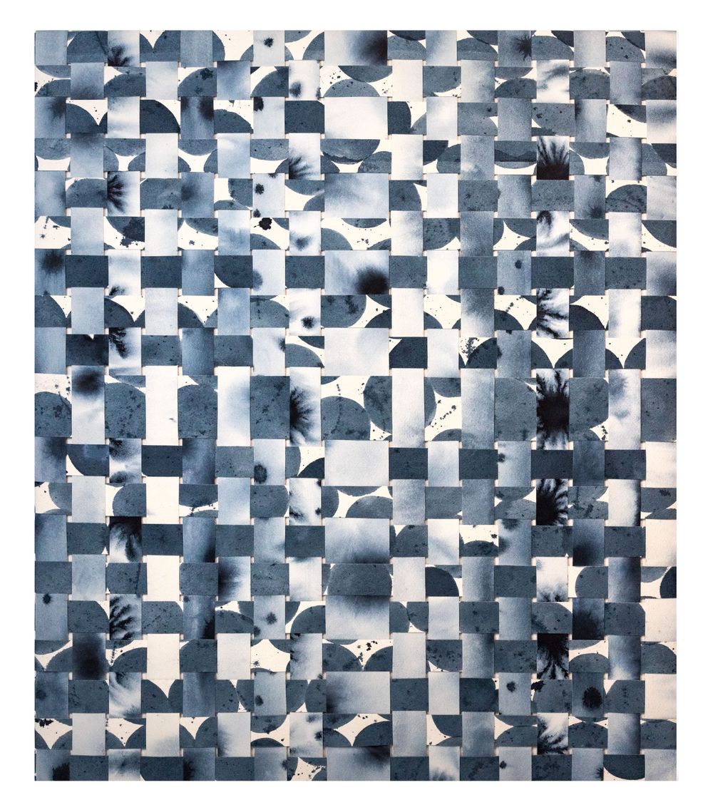 Abstract blue and white checkerboard pattern artwork with floral silhouettes and watercolor texture.