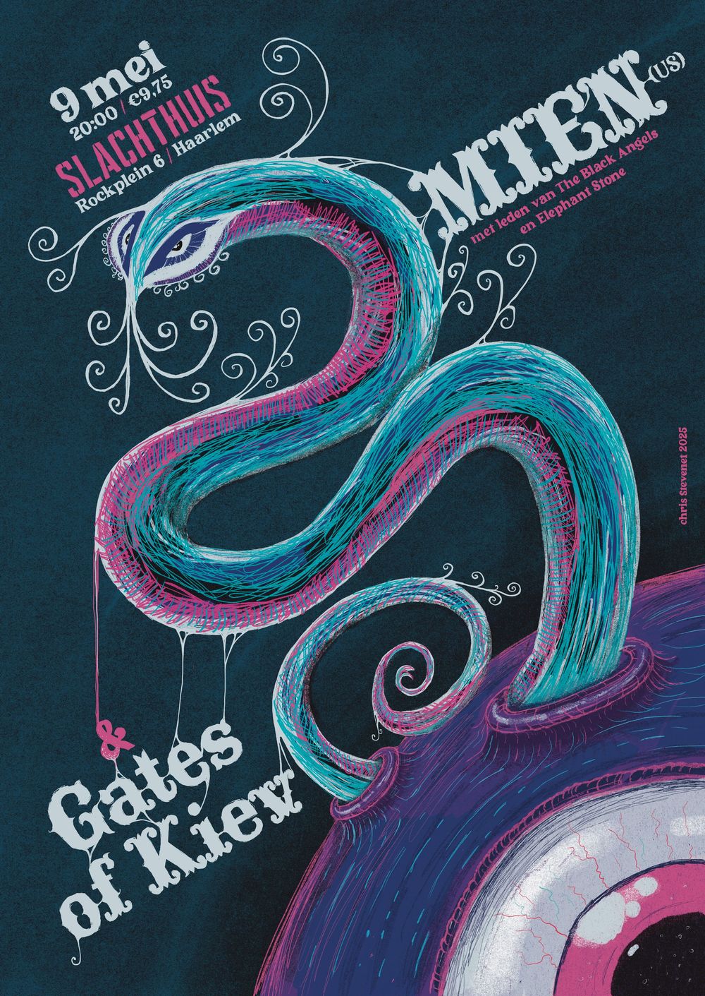 Abstract art poster with swirling blue and pink typography on dark background.