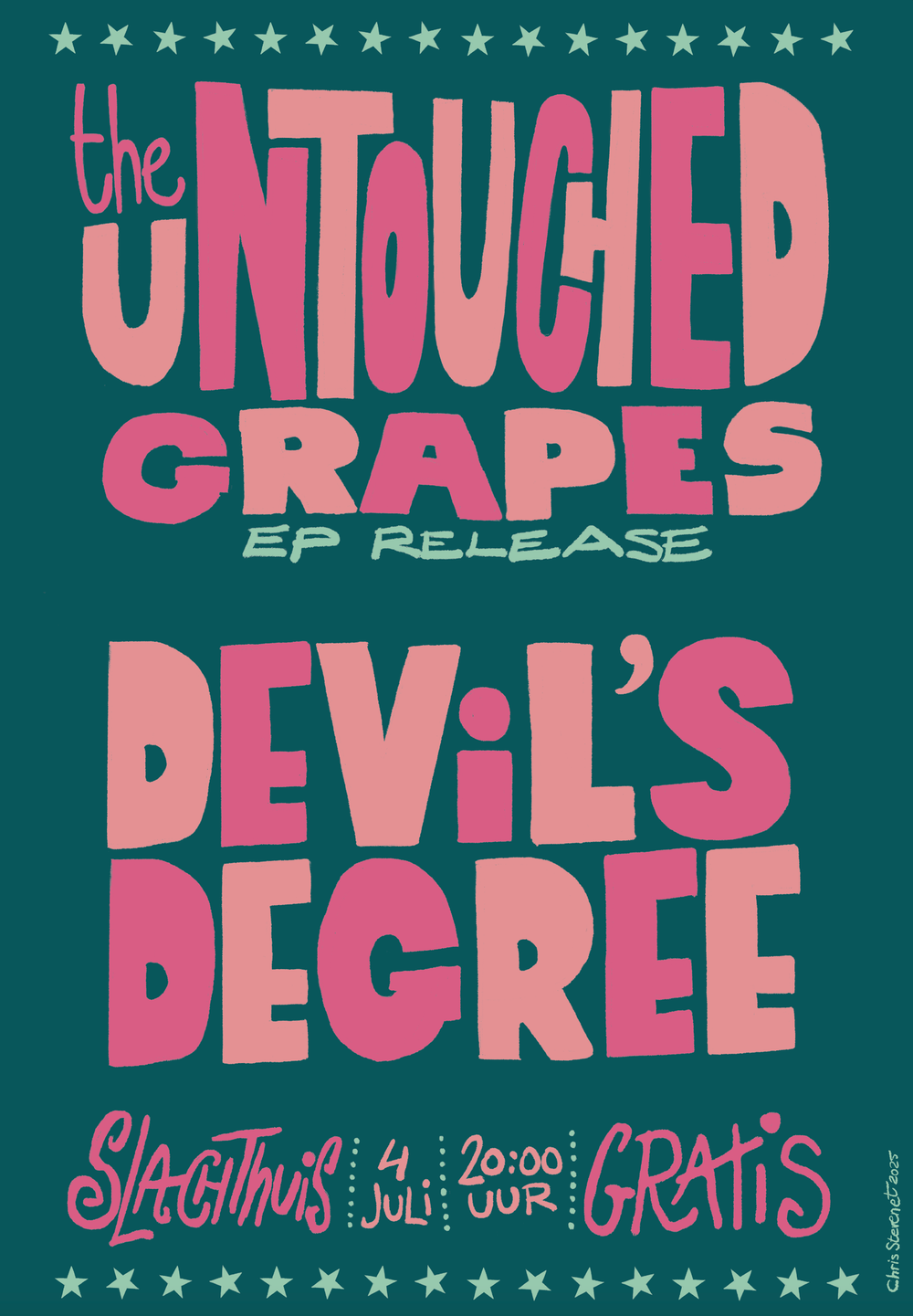 Concert poster with pink text on teal background featuring multiple band names.