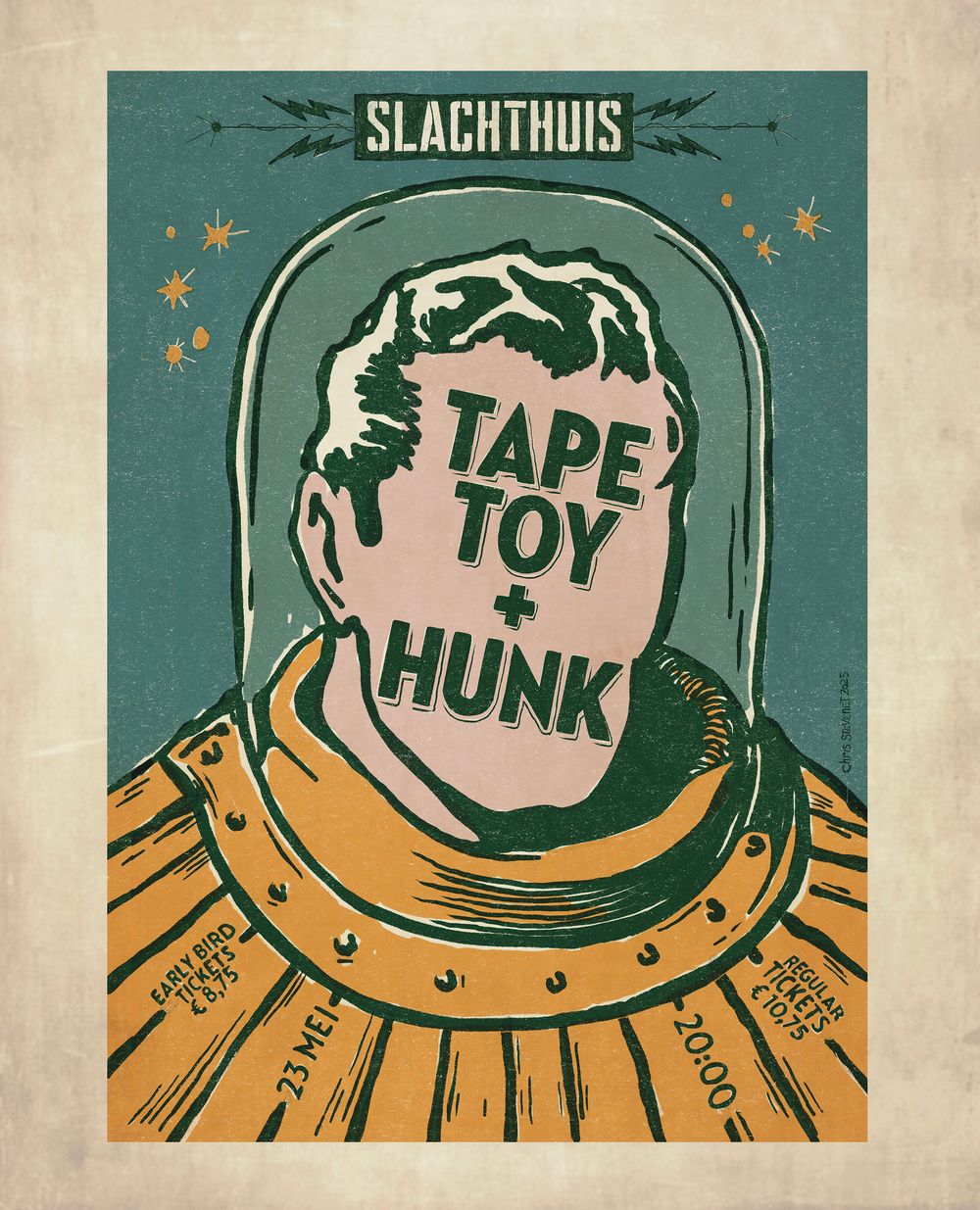 Retro poster series showing astronaut helmet designs in teal and orange colors.