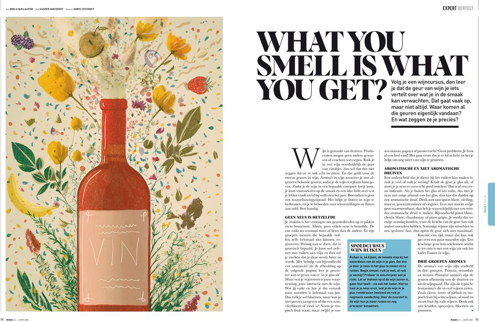 Magazine spread featuring floral illustrations and text about fragrance with a pink bottle.