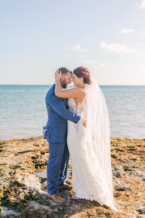 A romantic beach wedding moment with a couple embracing on rocky shore with ocean and blue sky in background.