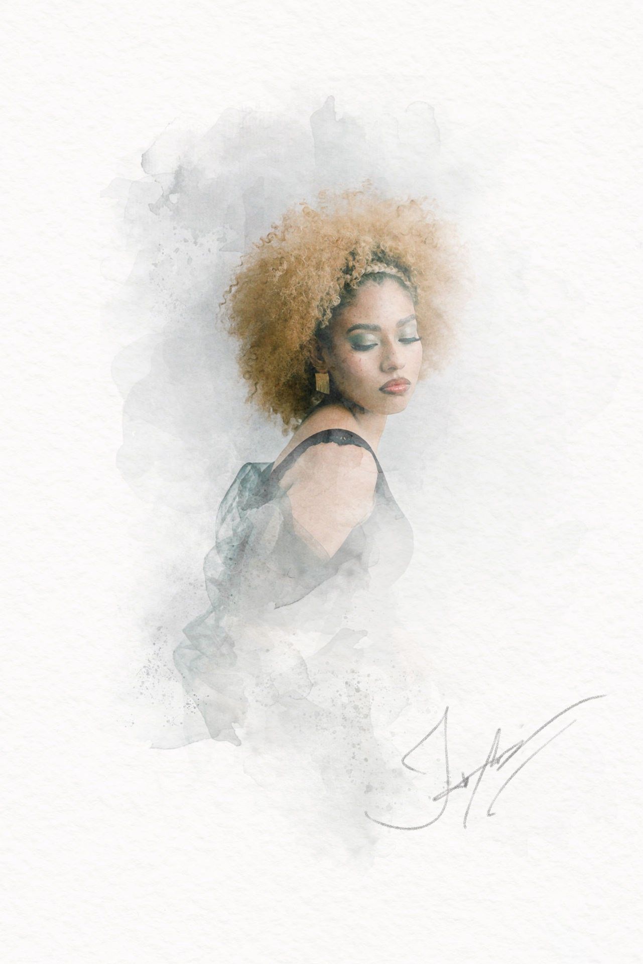 Ethereal artistic portrait with curly blonde hair emerging from misty white background in dreamy watercolor style.