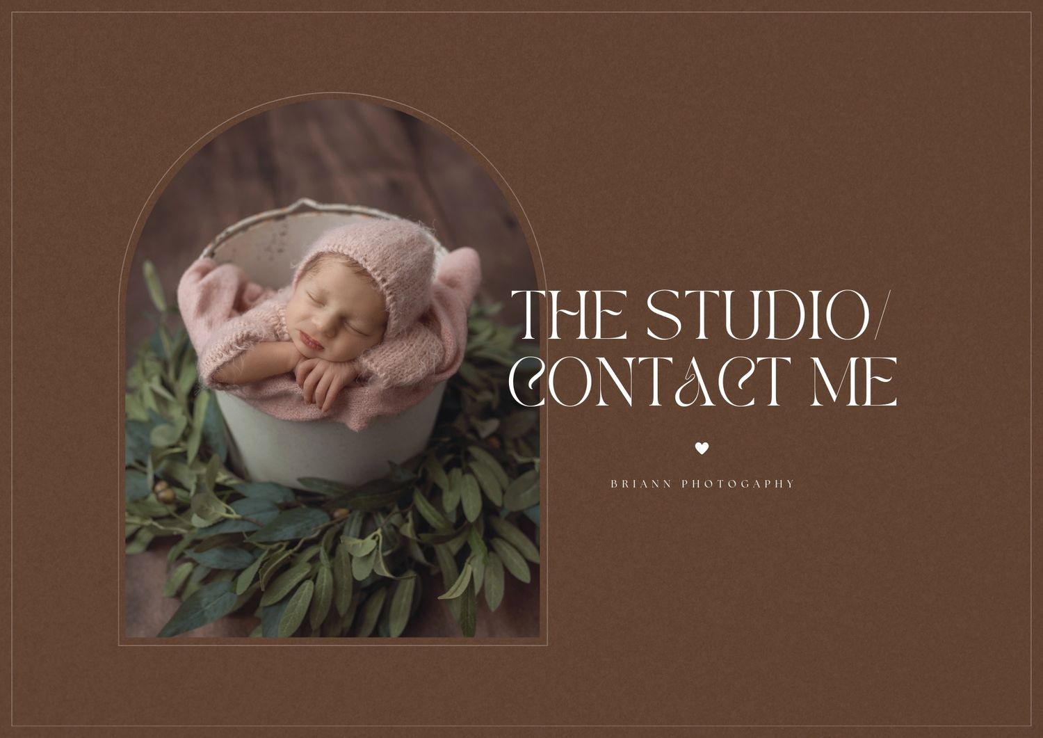 Studio contact page featuring sleeping newborn in bowl surrounded by greenery.