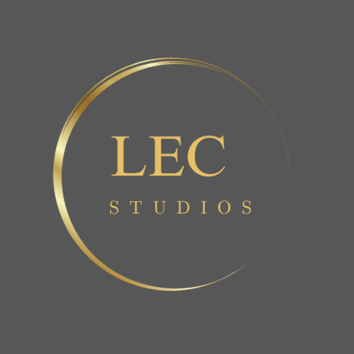 Elegant gold circular logo design for LEC Studios on black background.