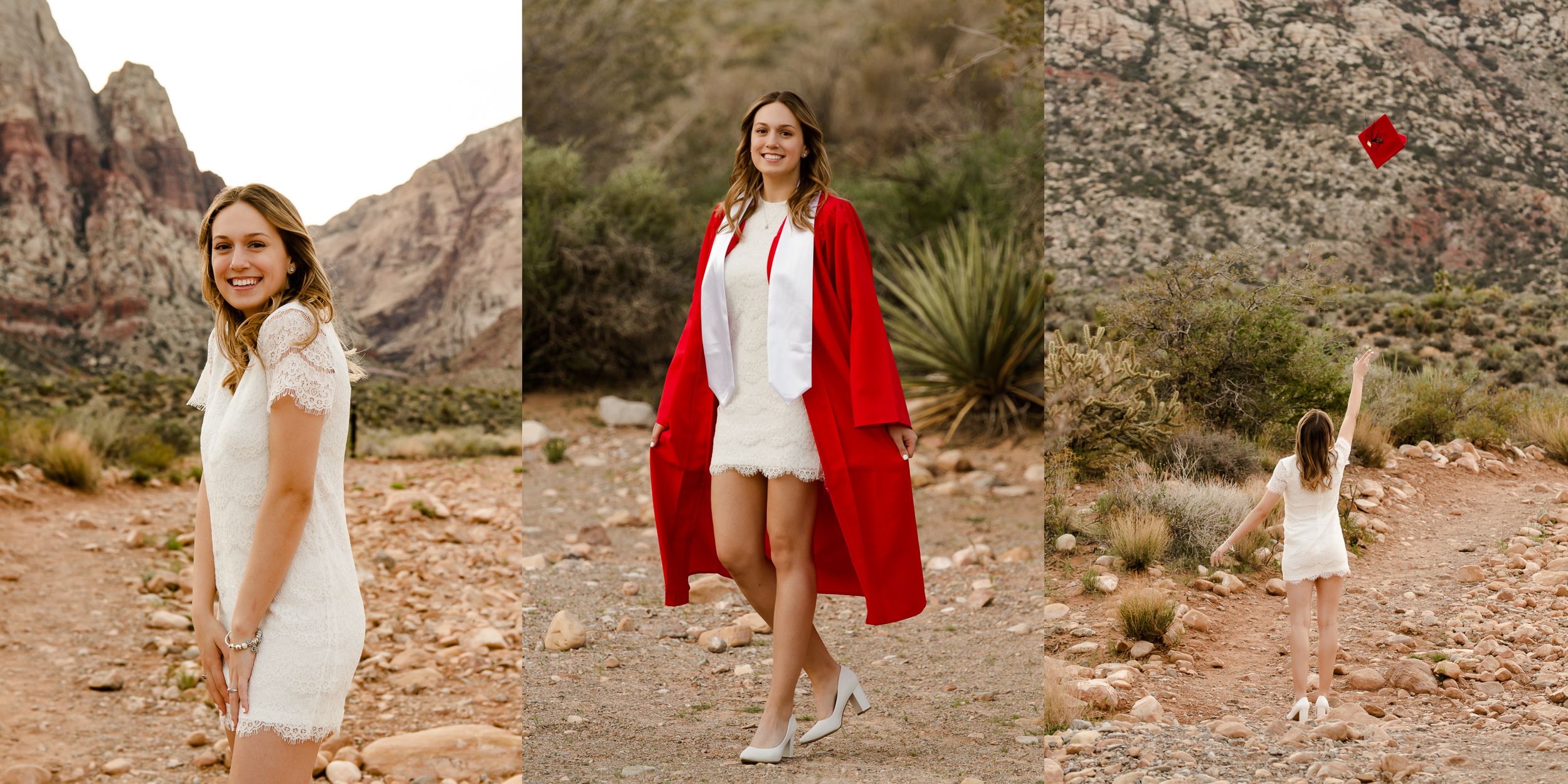 College woman in desert, graduation photos. White dress