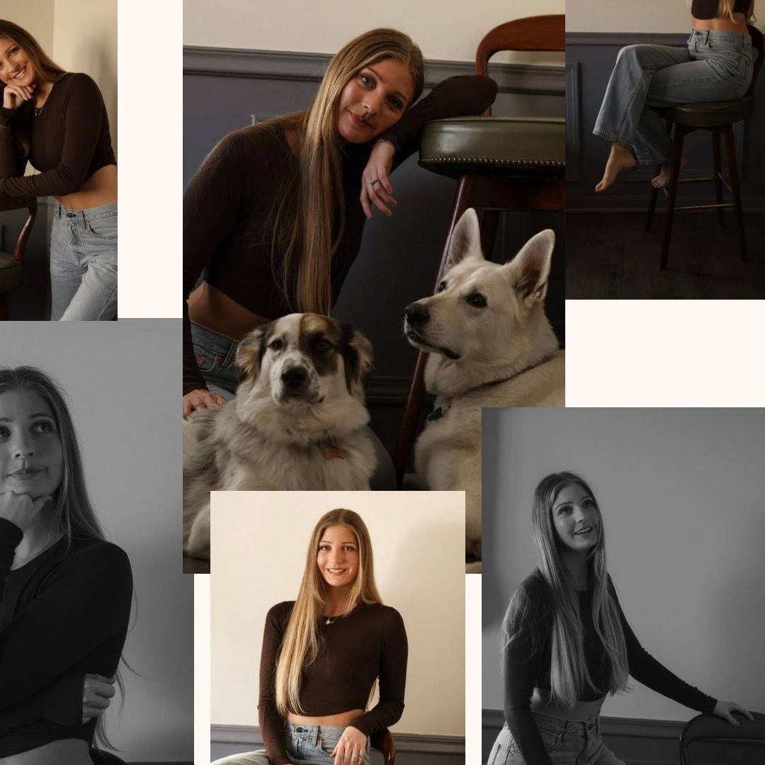 A photo collage showing various artistic portrait poses and a white dog in a moody setting.