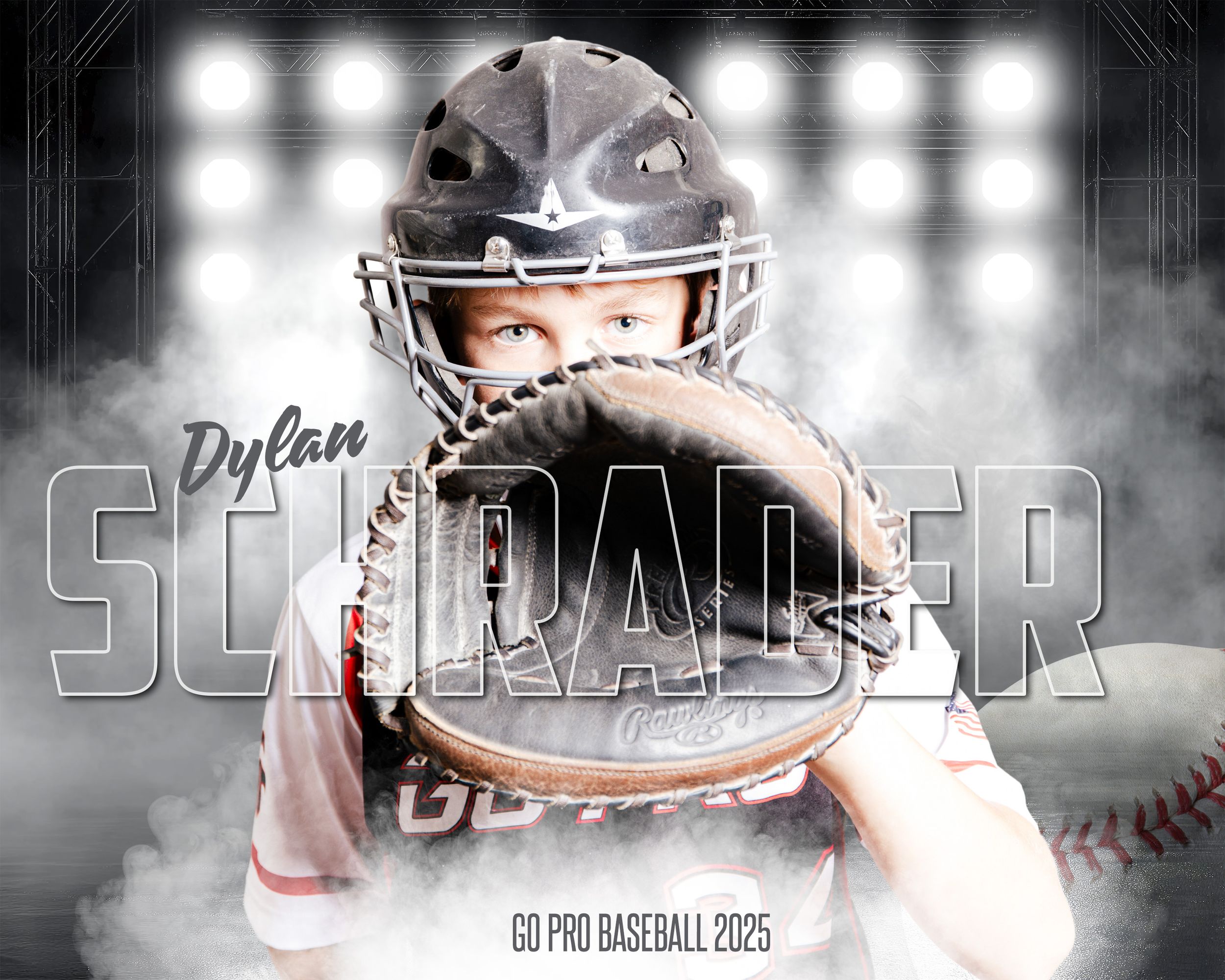 A dramatic black and white baseball photo collage with stadium lights and player silhouettes creates an intense sports atmosphere.