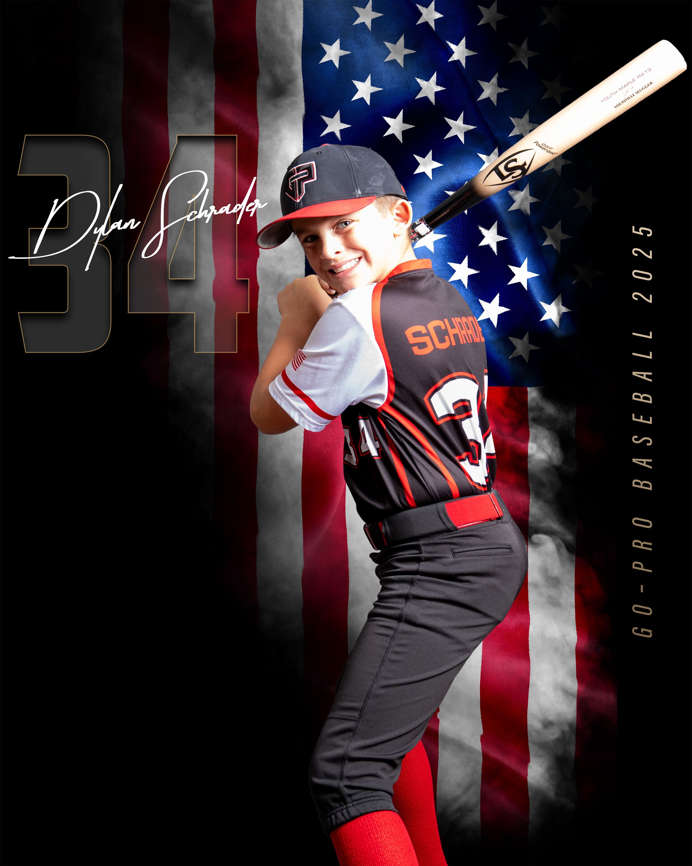 Baseball player poses against American flag backdrop in dramatic sports photography composite series.