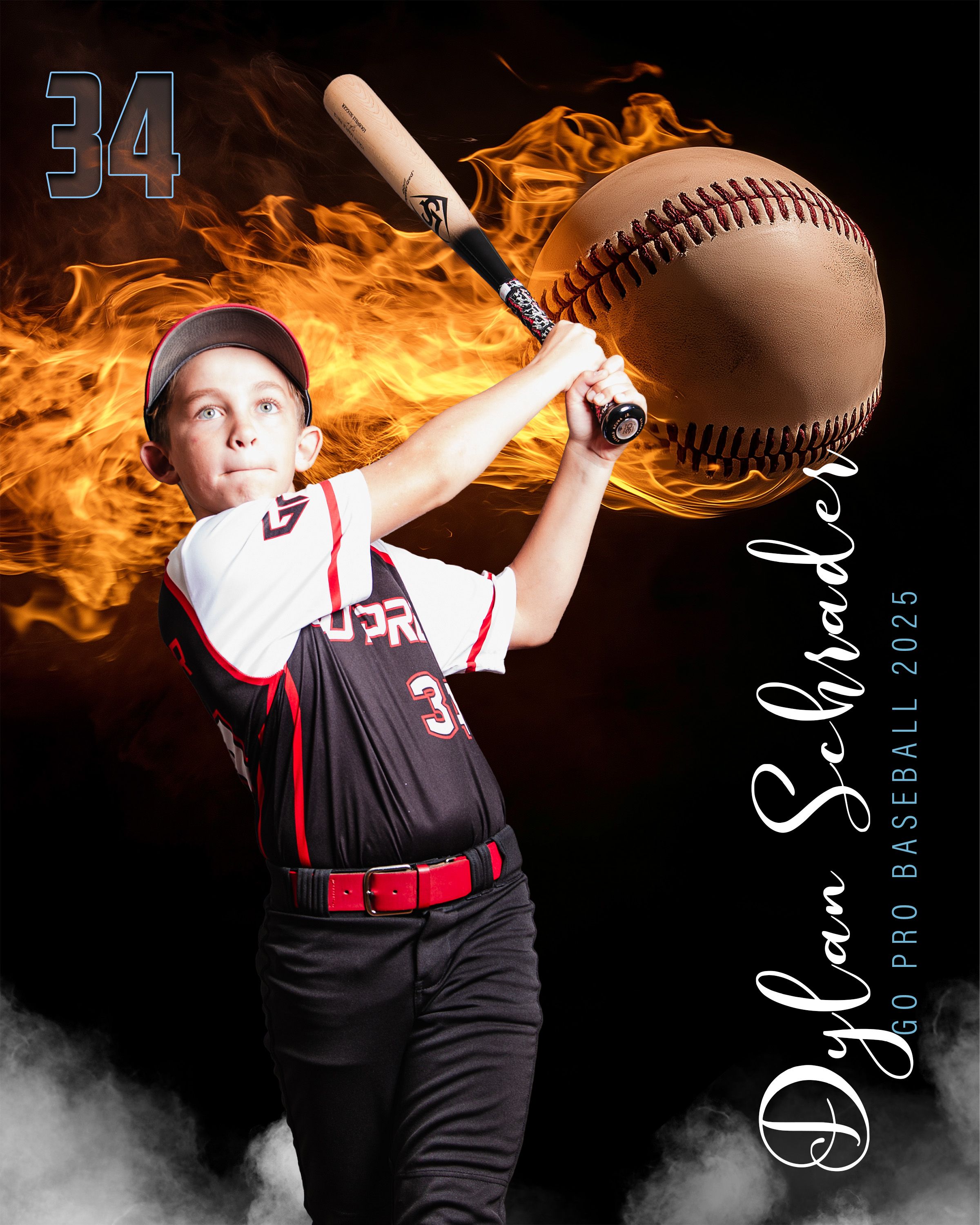 Baseball player in black and red uniform swings bat against dramatic fiery background with smoke effects.