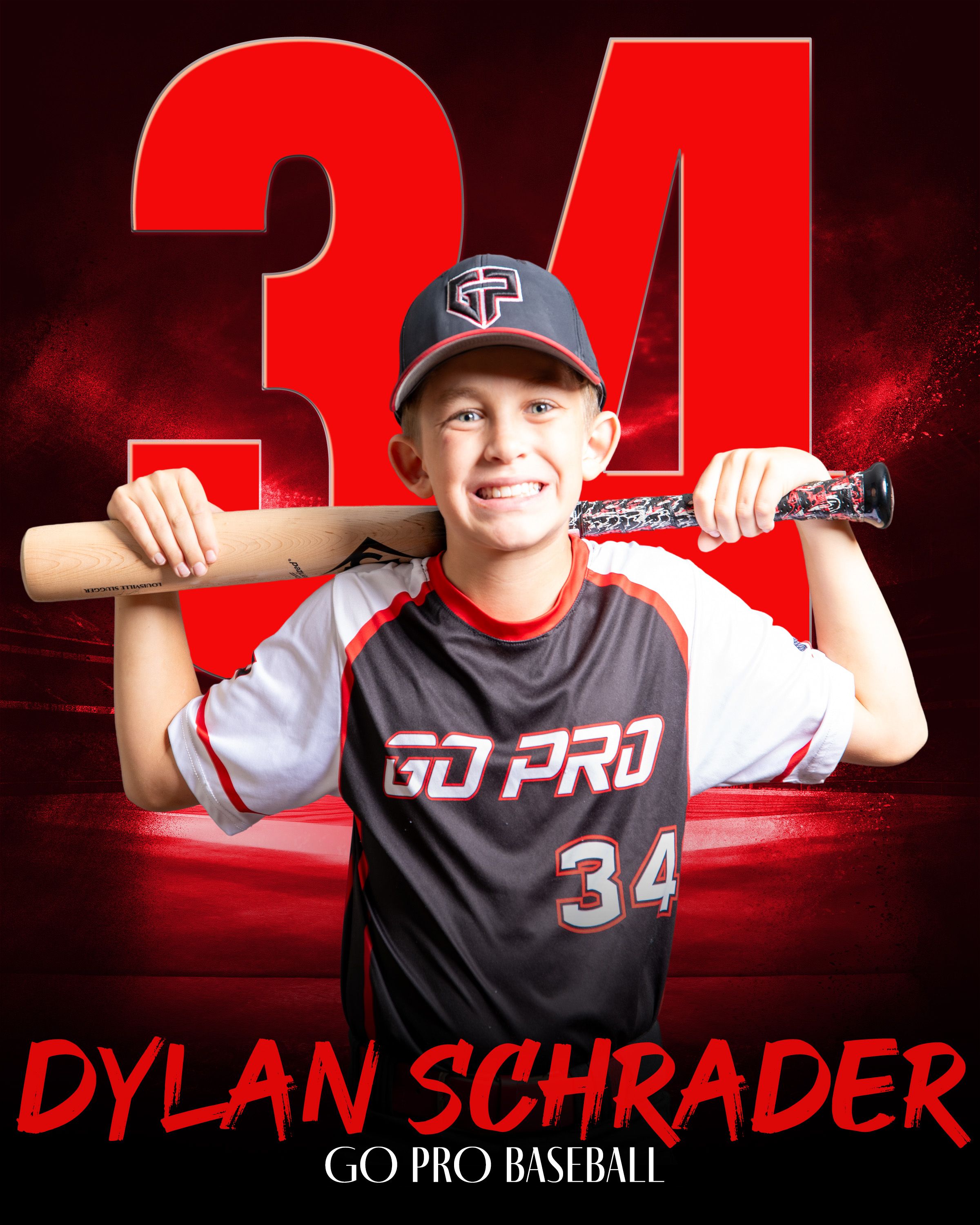 Baseball player in red and black uniform poses for sports photography composite with dramatic lighting effects.