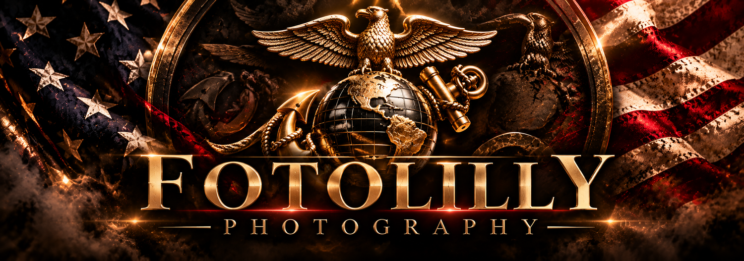 Fotolilly lotus logo with United States, Texas and Marine Corps flags representing veteran-owned photography in Dallas Fort Worth Texas