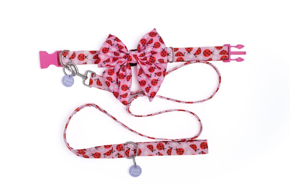 Pink pet collar and leash set with red strawberry print pattern and decorative bow tie accent.