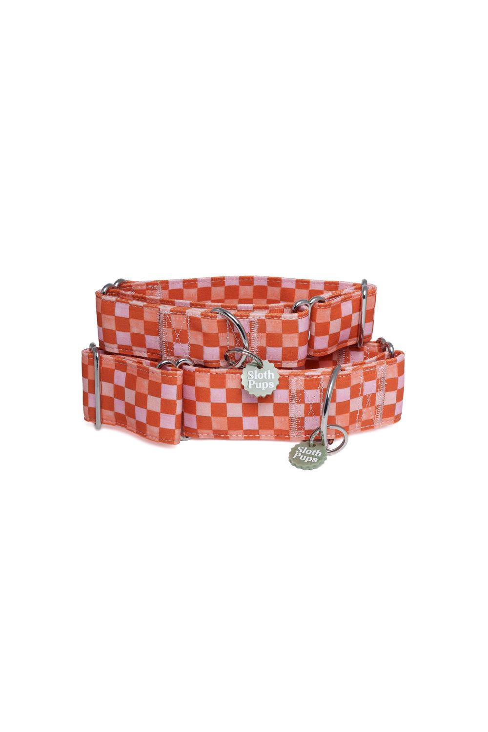Two orange and pink checkered martingale dog collars with silver chain loops and round brand charm tags.