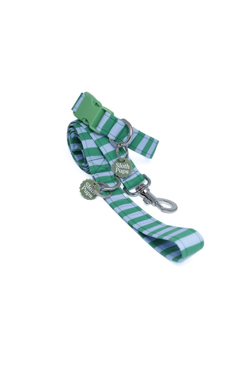 Green and white striped dog leash with silver clasp and Sloth Pups branded charm tags.