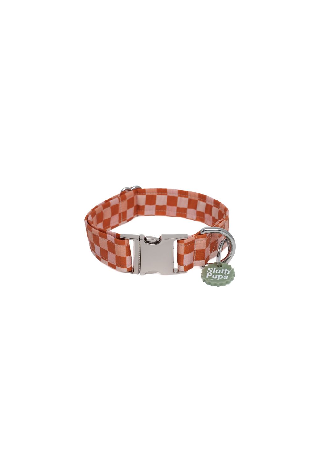 Orange and pink checkered dog collar with silver buckle and metal ring, branded Sloth Pups tag.