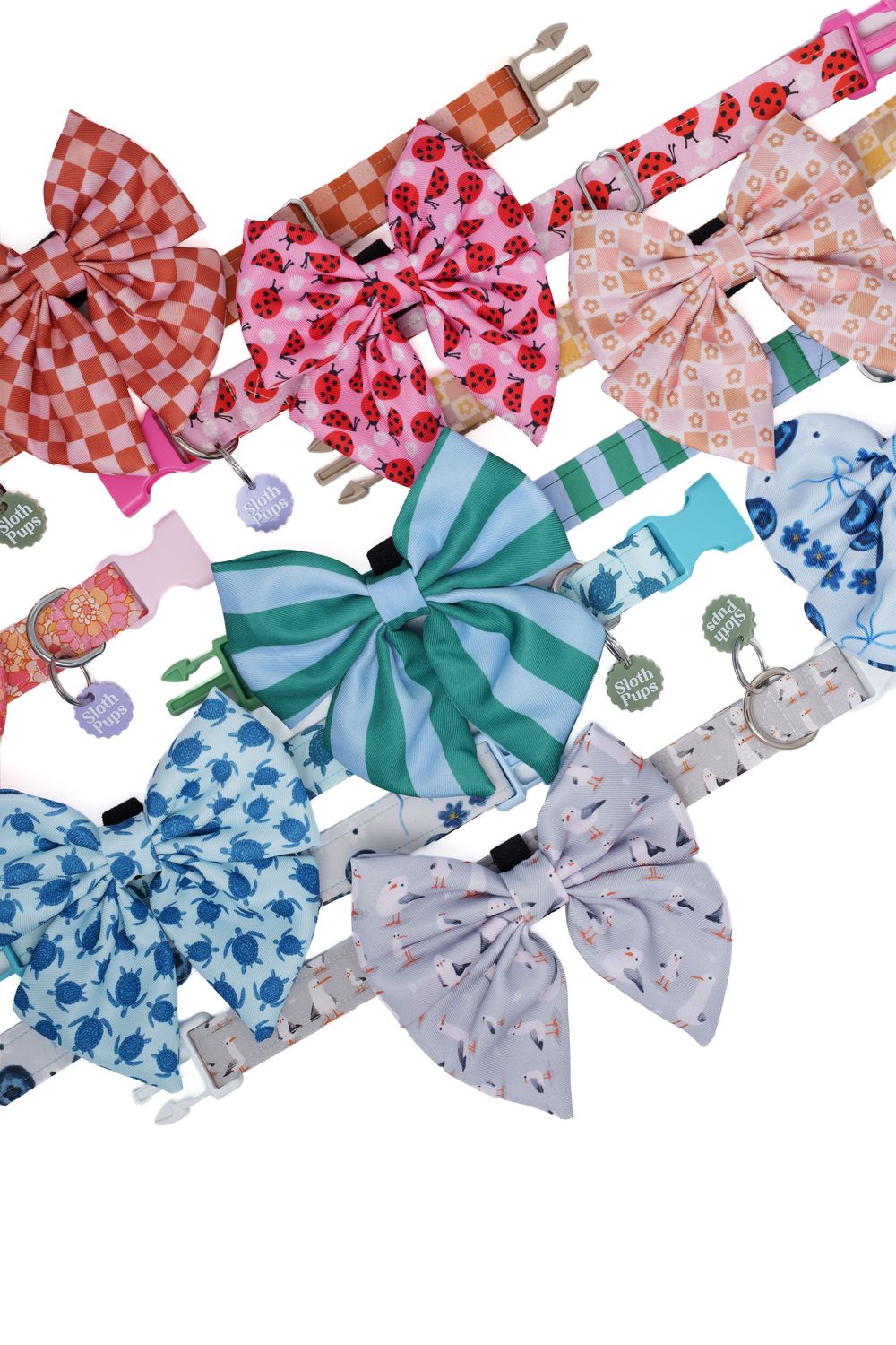 Colorful patterned pet bow tie collars in various designs including floral, stripes, and checks displayed on white background.
