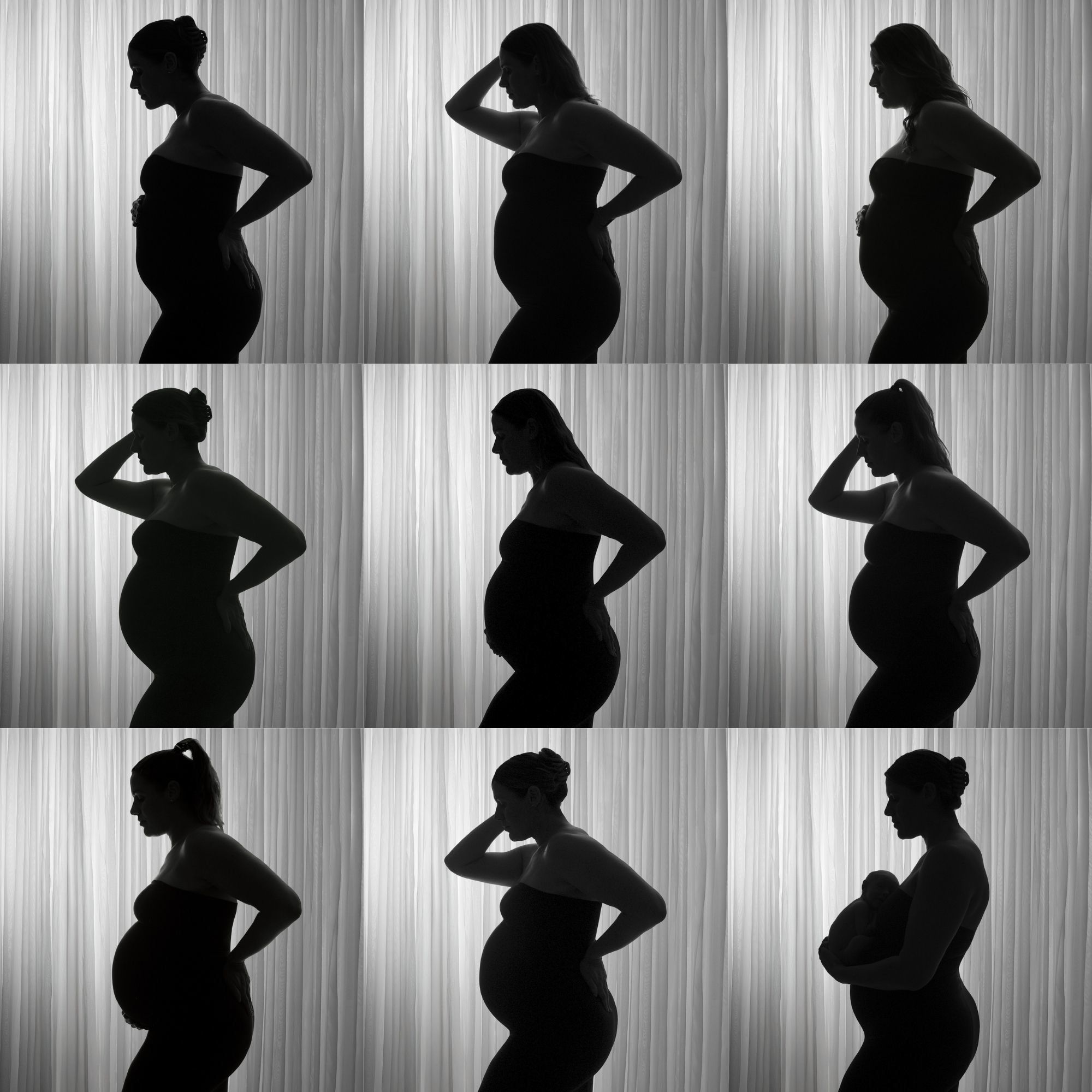 Black and white collage of nine pregnant woman silhouettes showing progression of baby bump growth stages.
