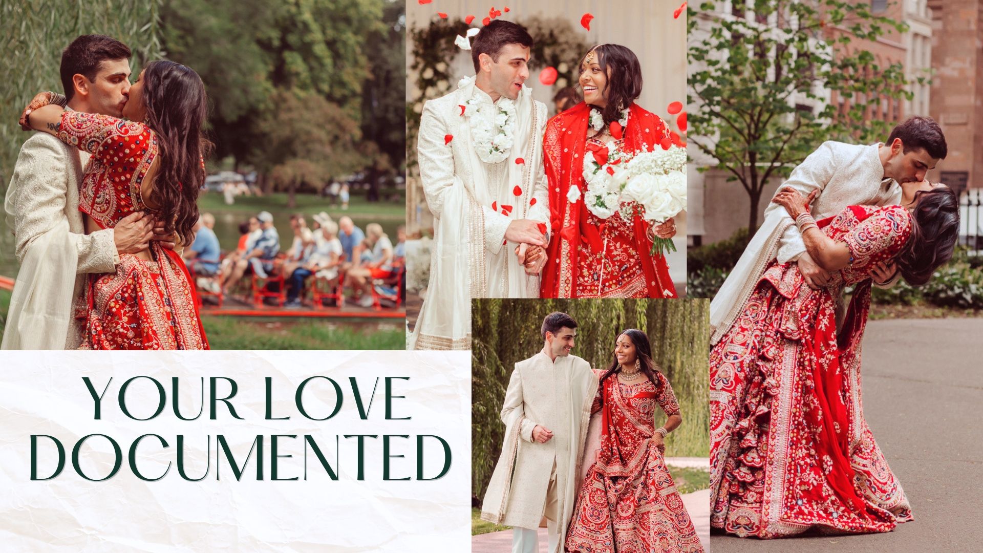 Indian wedding couple in red and white traditional attire posing romantically in a lush garden setting.