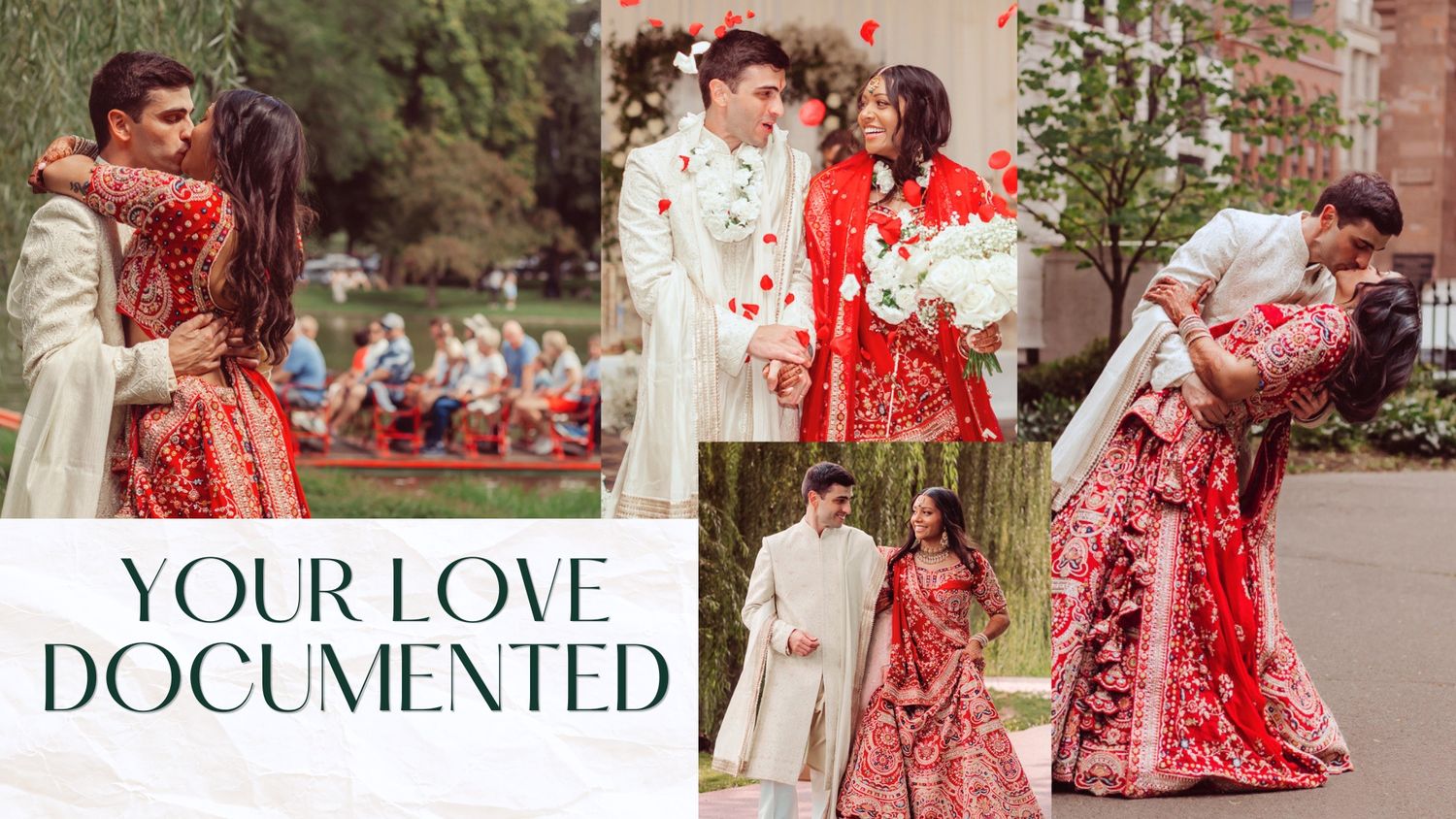 Indian wedding couple in red and white traditional attire posing romantically in a lush garden setting.