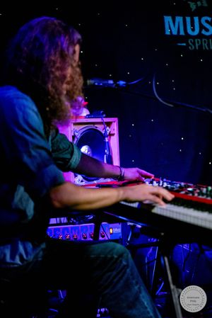 Curly-haired musician plays keyboard synthesizer under purple stage lights.