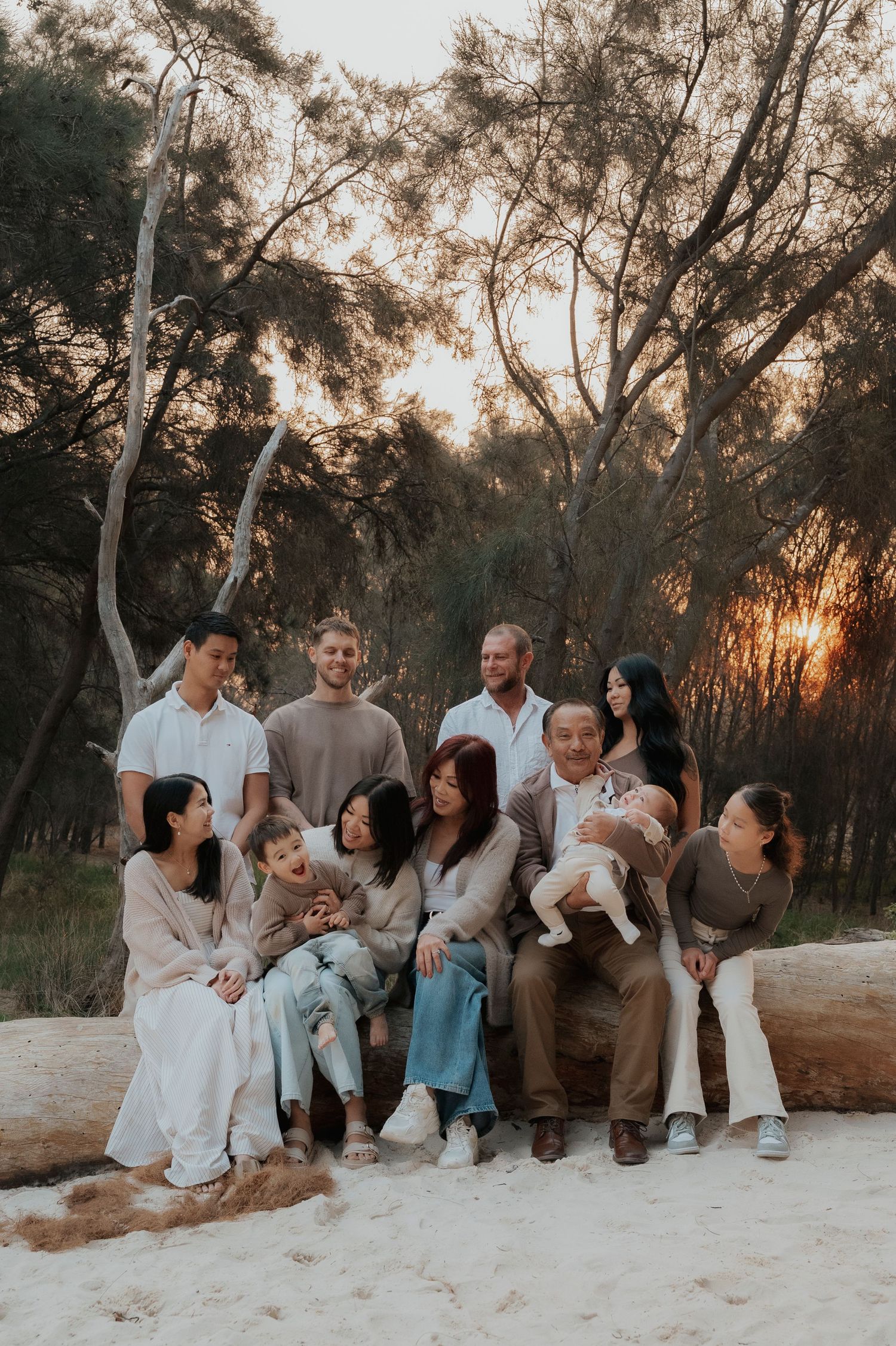 Large multigenerational family portrait at sunset on sandy beach, seated on log with trees behind.