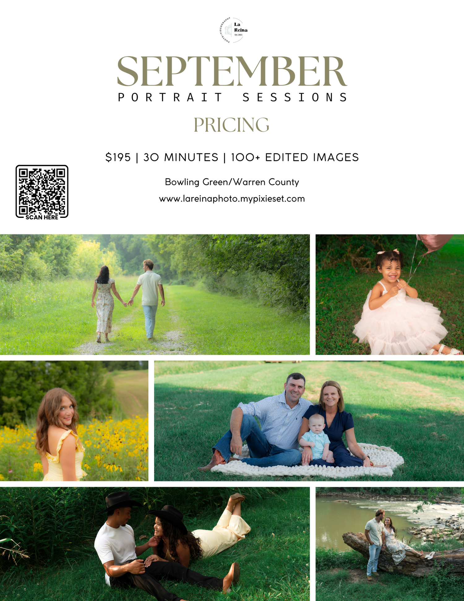 A promotional banner for July mini sessions featuring portraits of families, couples, and children posing outdoors in lush garden settings.