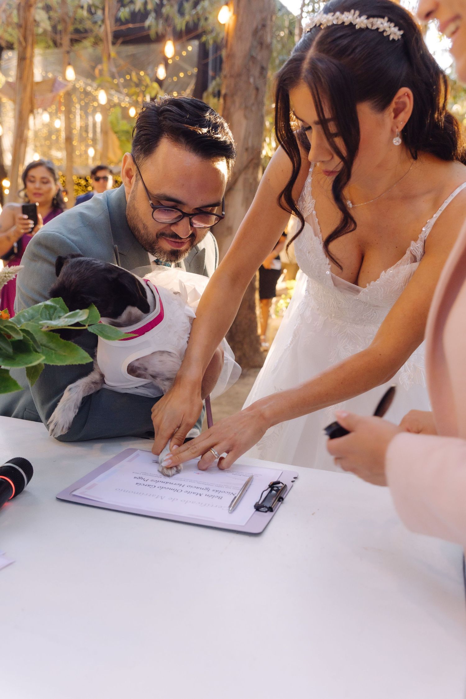 Bride and groom signing wedding certificate with their dog dressed in a tuxedo at outdoor ceremony.