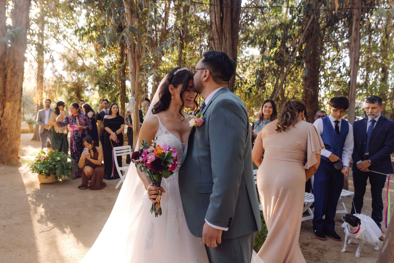 Newlyweds share their first kiss at an outdoor woodland wedding ceremony with guests and a white dog nearby.