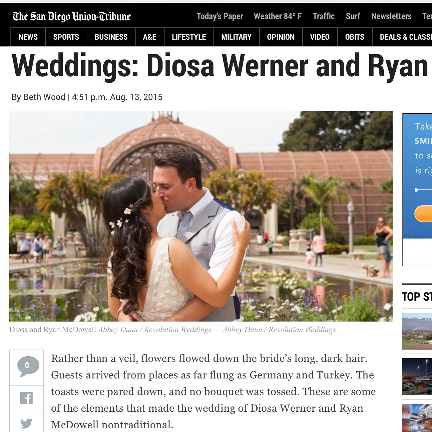 Diosa Werner and Ryan McDowell wedding photo, bride with flowers in dark hair embracing groom outdoors at San Diego venue.