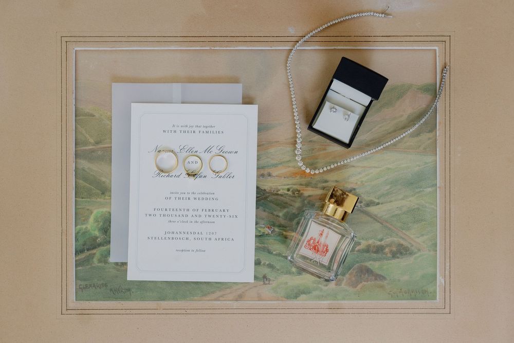 Wedding flat lay featuring invitation suite, gold rings, pearl necklace, perfume bottle, and ring box on vintage map background.