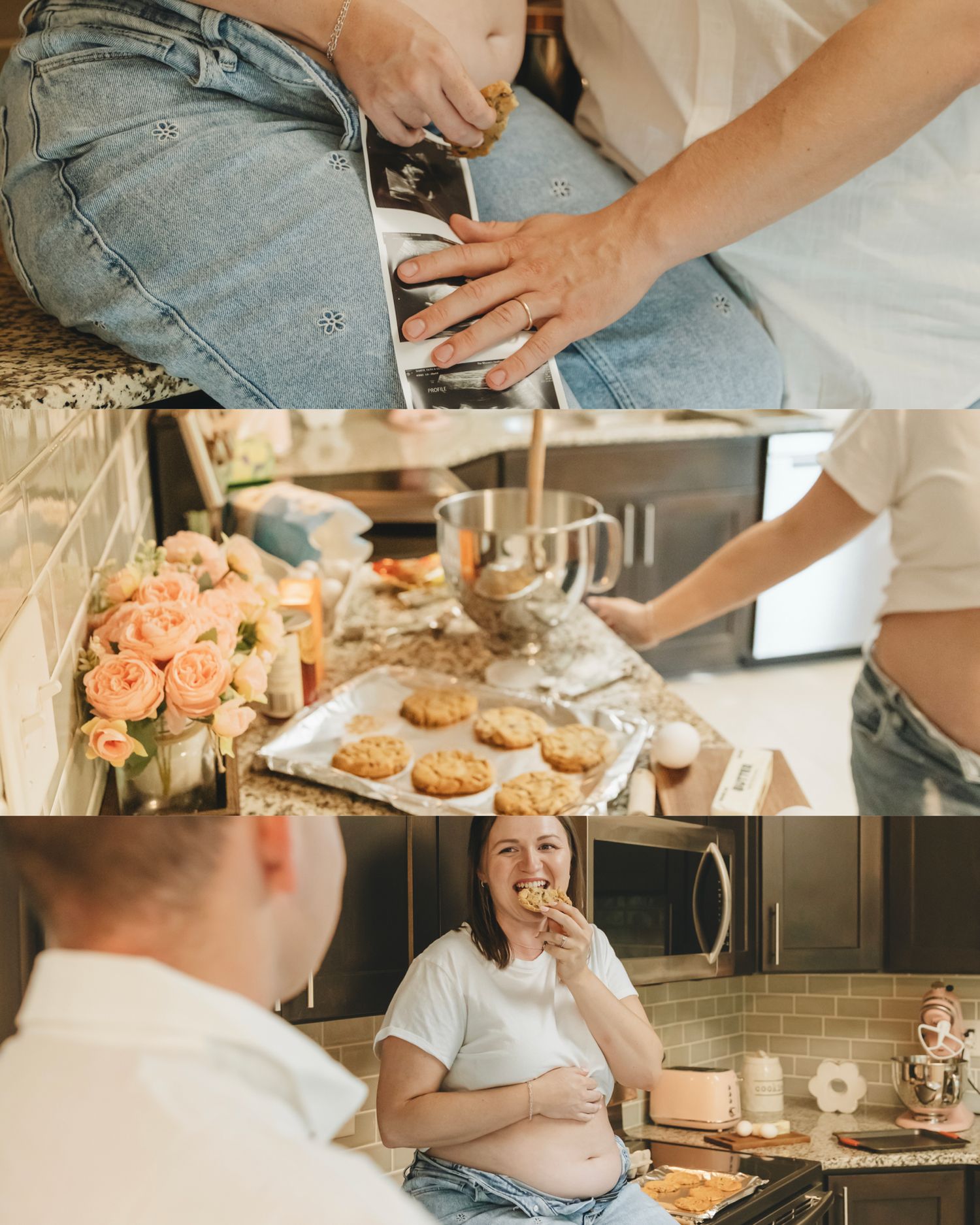 Pregnant woman holding ultrasound photo, baking cookies in kitchen, sharing a sweet moment with partner during maternity session.