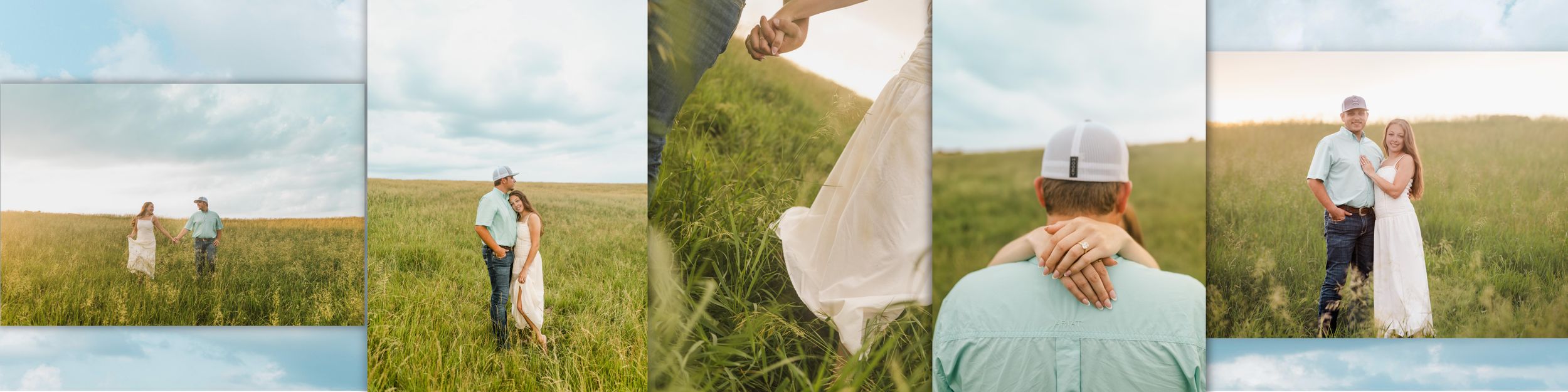 Couple standing together in a lush green field under a cloudy sky, captured in a romantic outdoor engagement photo session.