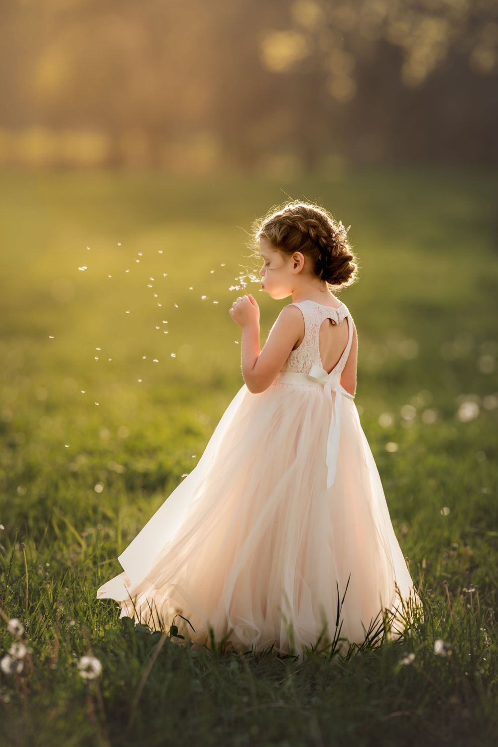Young girl in elegant blush tulle dress blowing dandelion in sunlit green field, heart cutout back detail.