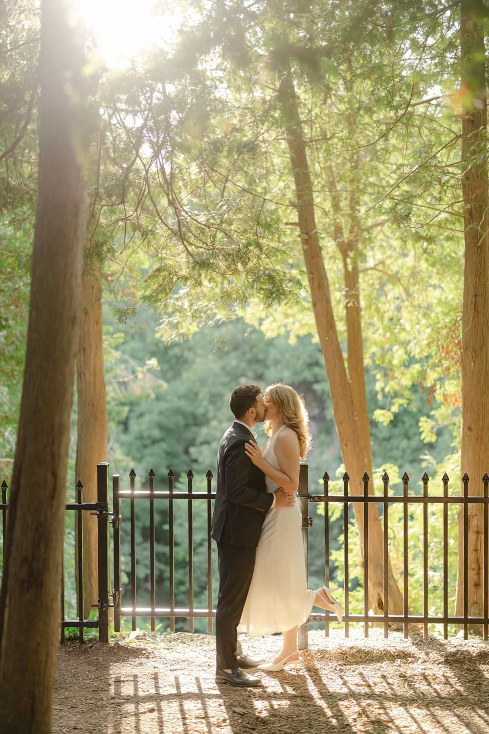 Bride and groom sharing a romantic kiss among tall trees with golden sunlight streaming through the forest.