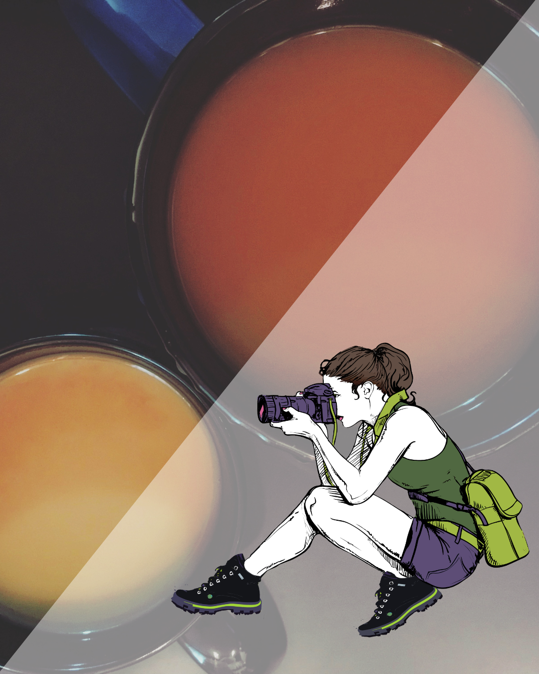An artistic illustration of a crouching photographer with a backpack against a background of large circular orbs.