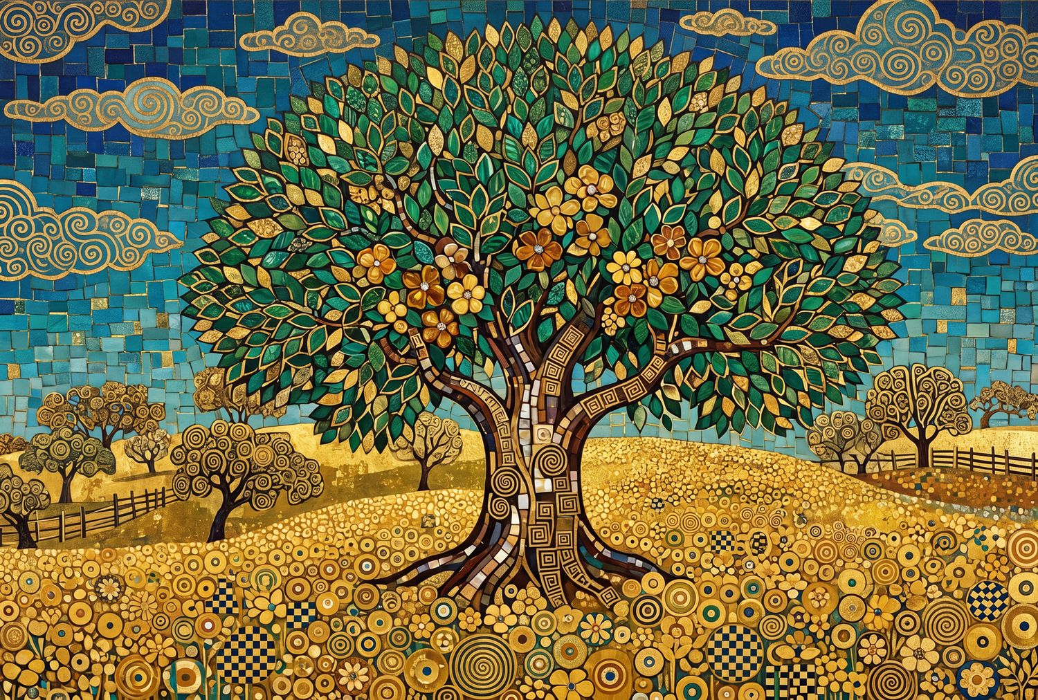 Mosaic-style painting of a blooming tree with orange flowers in a golden field under a blue patterned sky.
