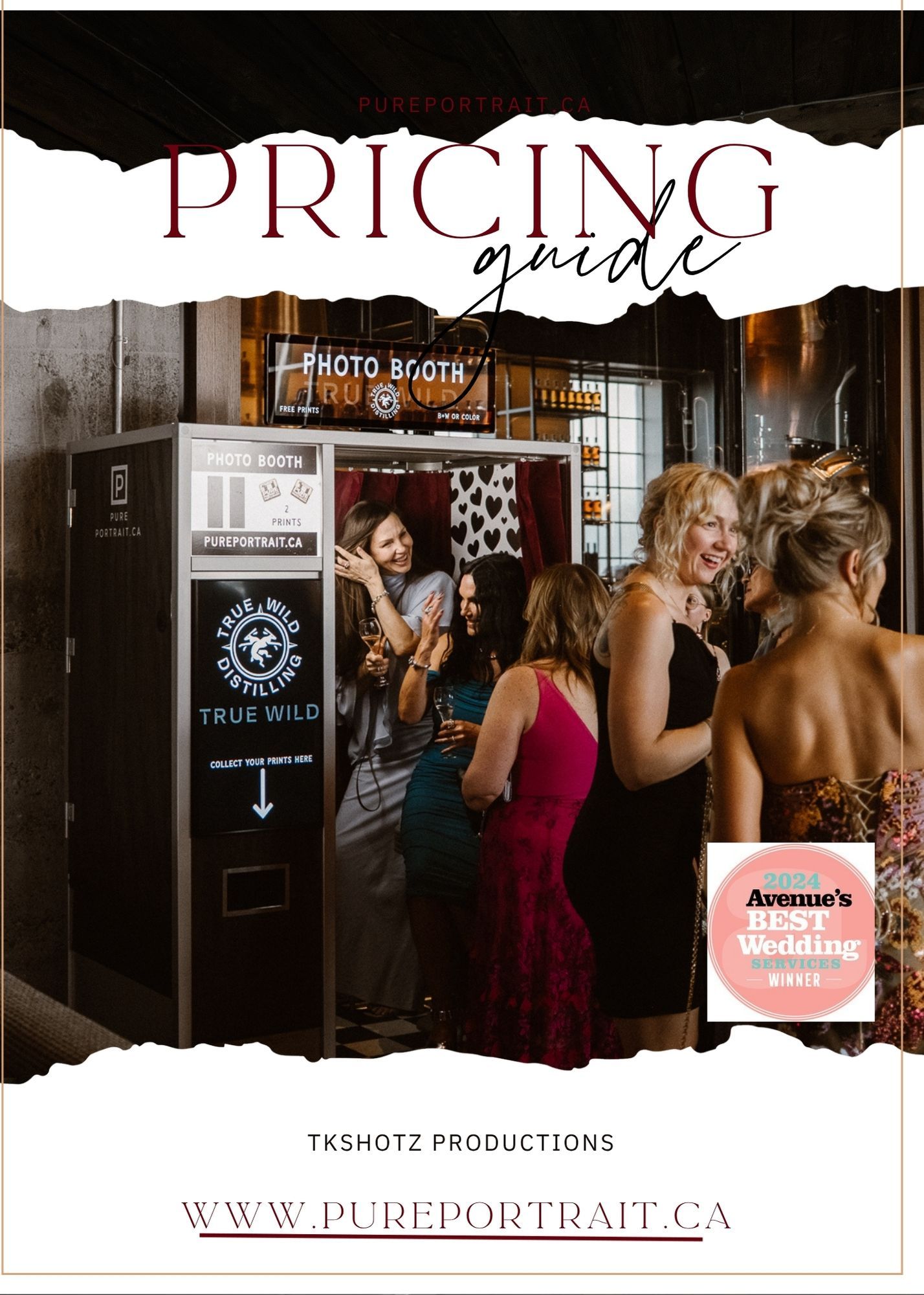 Pricing guide cover for TKShotz Productions PurePortrait.ca photo booth rental service, featuring women posing at a wedding event.