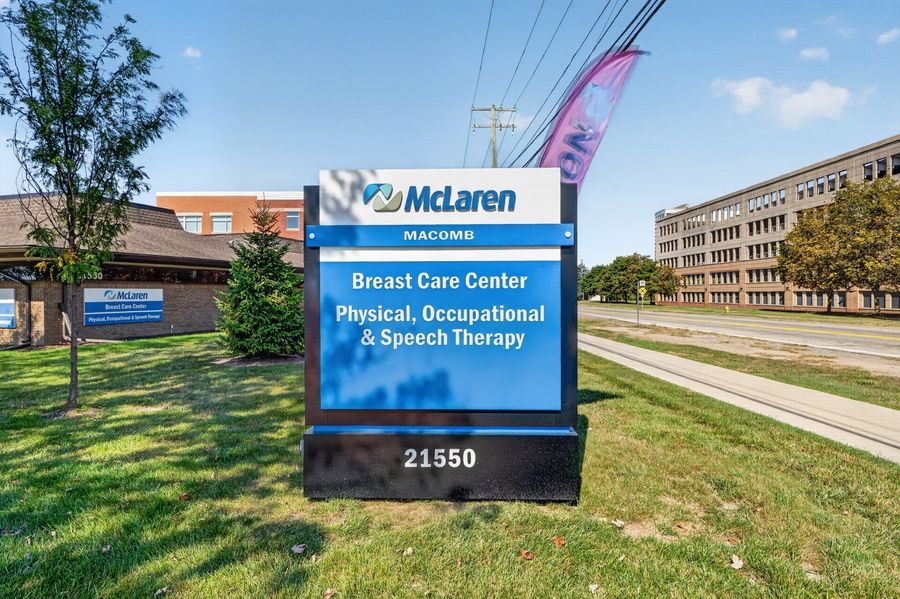 McLaren Macomb Breast Care Center and Physical, Occupational & Speech Therapy building sign at 21550.