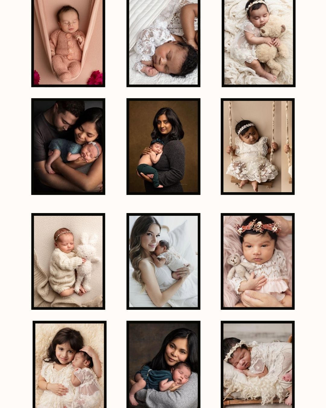 Newborn and baby photography collage featuring infants in posed studio shots with mothers and siblings in soft, elegant settings.
