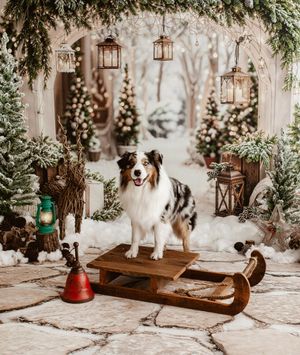 Australian Shepherd dog sitting on a wooden sled in a festive Christmas winter scene with lanterns and snow-covered trees.