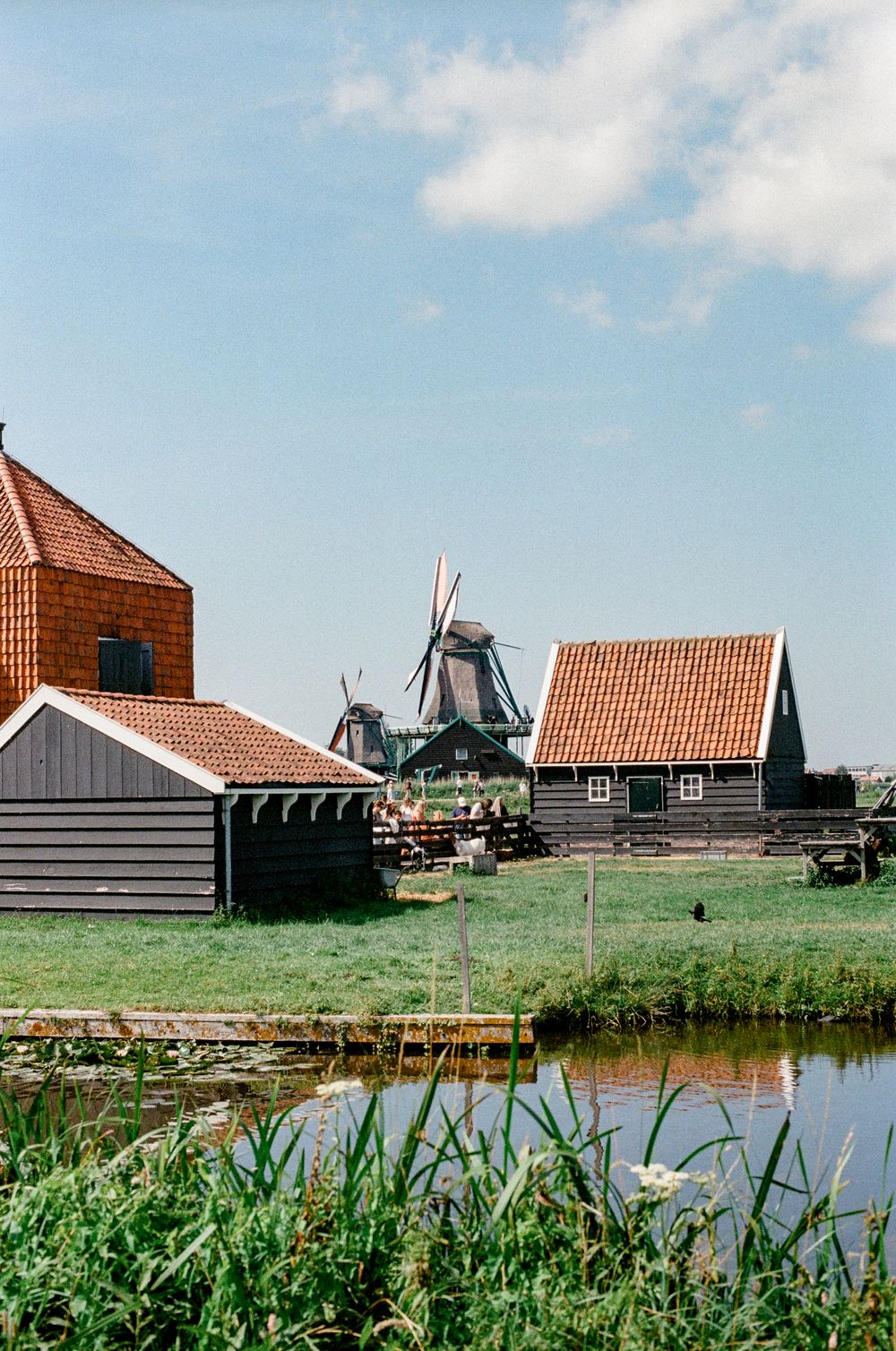 Traditional Dutch windmills and wooden houses beside a tranquil canal in Zaanse Schans, Netherlands.