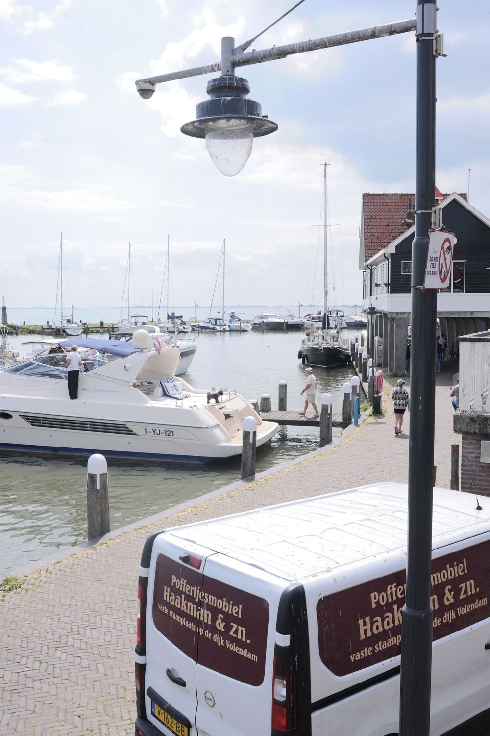 A white van parked near a marina with sailboats docked, a street lamp, and waterfront buildings in the Netherlands.