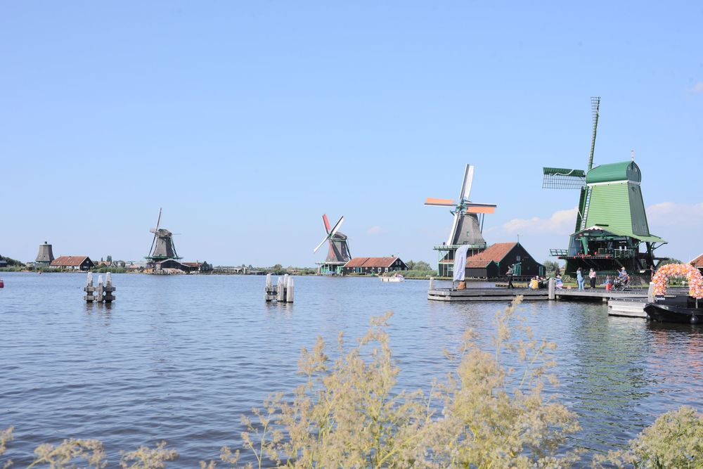 Historic Dutch windmills line the calm river at Zaanse Schans, Netherlands, under a clear blue sky.