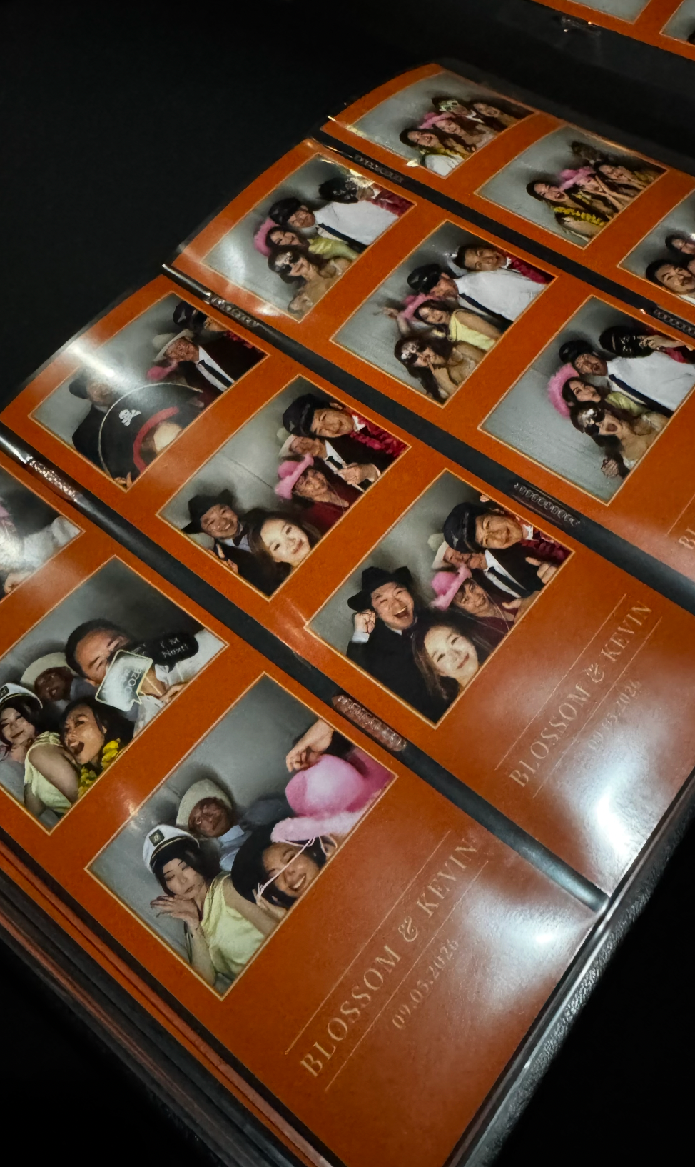 Orange photo booth strips from Blossom & Kevin wedding event featuring groups of smiling guests posing together.