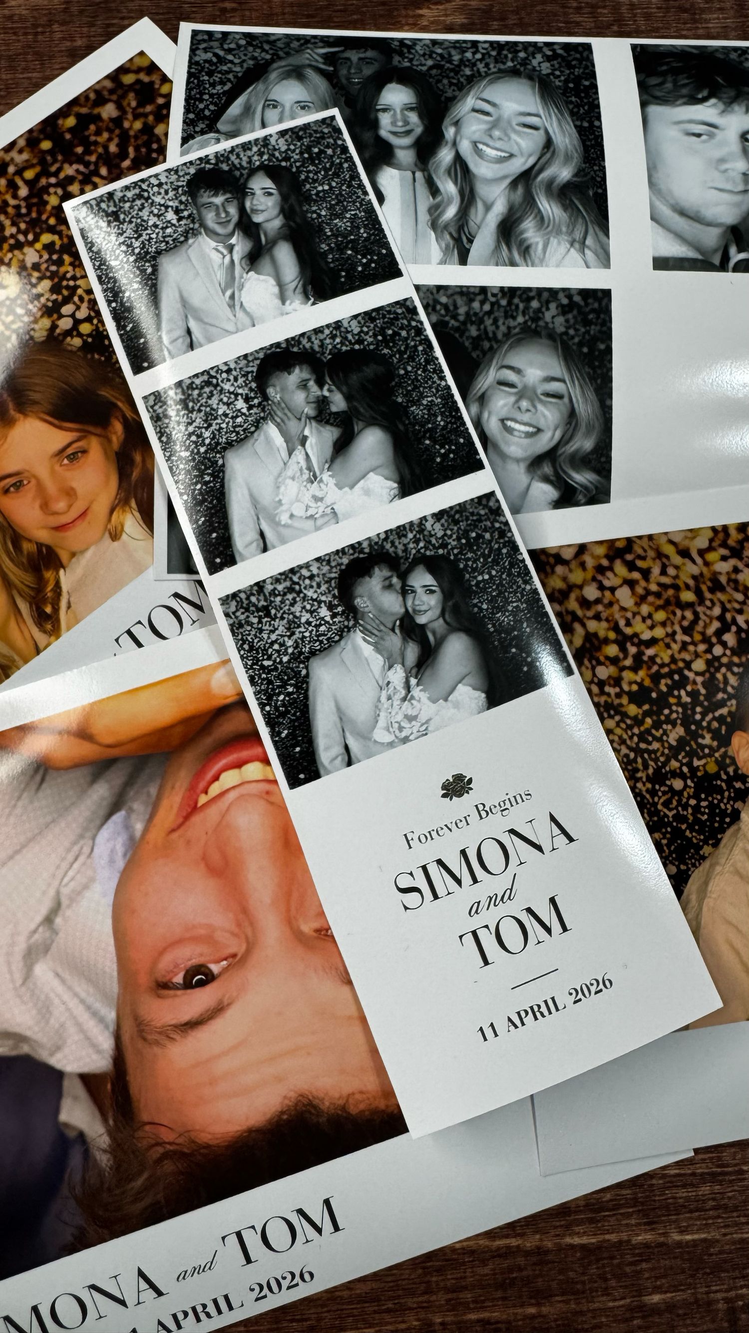 Wedding photo booth strip for Simona and Tom, dated 11 April 2026, featuring black and white couple portraits.