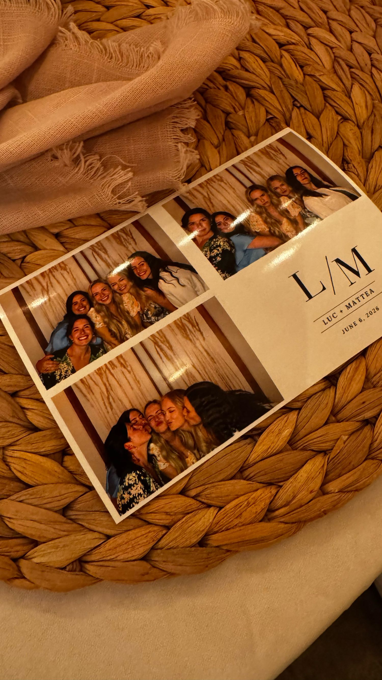 Photo booth strip from Luc and Maytza wedding on July 6 2024 showing friends posing together in fun group photos.